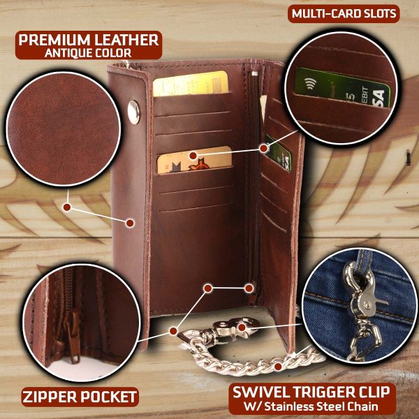 Milwaukee Leather Men s 7-Inch Antique Brown Leather Tri-Fold Biker Wallet w  Swivel Trigger Clip & Chain MLW7888 For Discount - Image 2