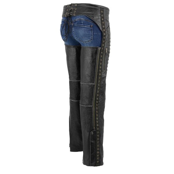 Milwaukee Leather Premium Black Leather Motorcycle Chaps for Women w  Rubbed Seams-Lace Detail MLL6526 Online Sale - Image 2