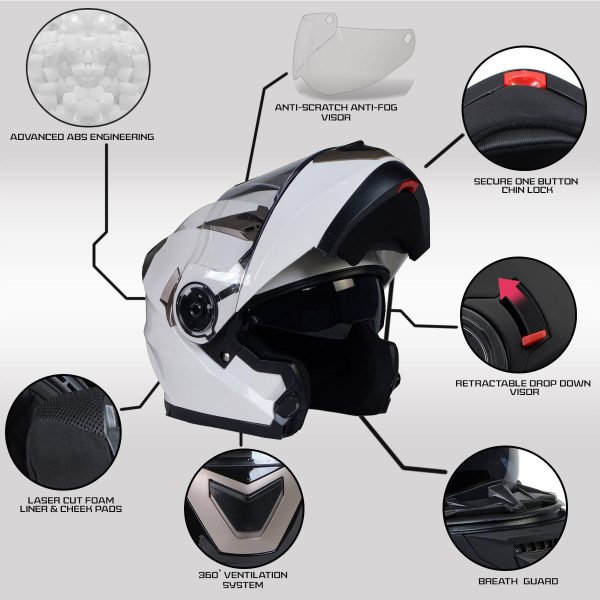 Milwaukee Helmets MPH9807DOT Ionized Gloss White Advanced Motorcycle Modular Helmet Biker w  Drop Down Visor Online Hot Sale - Image 2