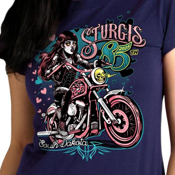 2025 Sturgis Women s Motorcycle Rally Pink Lady Navy Ladies T-Shirt Fashion - Image 3