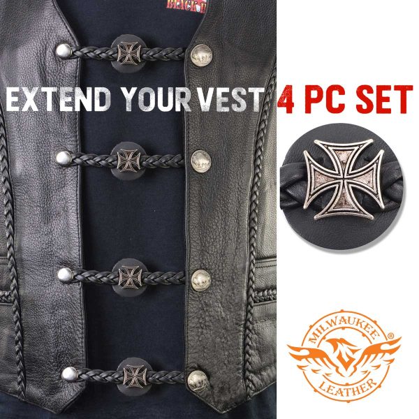 Milwaukee Leather MLA6063SET Iron Cross 4-PCS Vest Extender Double Chrome Chains w  Genuine Braided Leather 4  Extension Fashion - Image 4